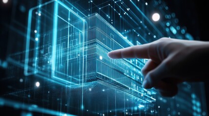Wall Mural - a finger pointing at a glowing blue digital grid, representing data and technology.