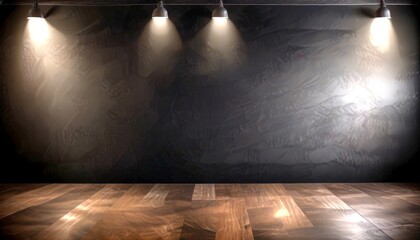 Poster - A dimly lit room with a dark wall and a wooden floor, featuring four spotlights shining down on the wall