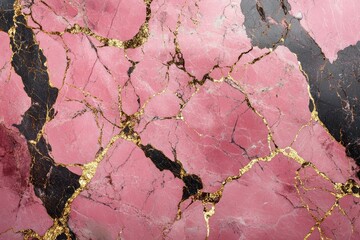 Elegant pink marble surface featuring striking black veins and gold accents for stylish interior designs and luxurious aesthetics.