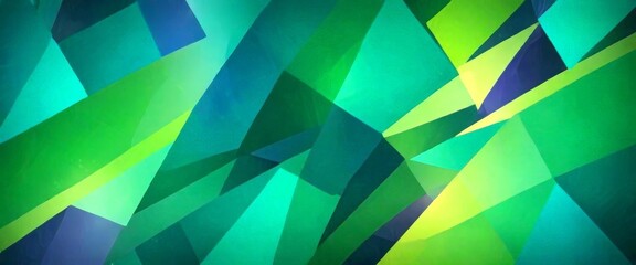 Poster - a vibrant abstract composition of overlapping triangular shapes in various shades of green, blue, and yellow, creating a dynamic and visually striking pattern