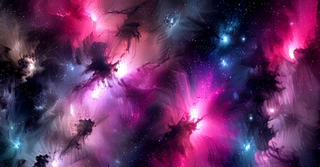 Aufkleber - a digital artwork depicting a cosmic scene with swirling nebulae in shades of pink, purple, and blue, set against a dark background with stars
