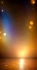 Aufkleber - a dimly lit stage with a blurred background, featuring a warm glow from the center and a subtle reflection on the floor