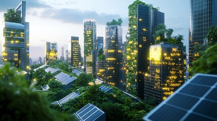 Futuristic eco-city with green skyscrapers and solar panels in a sustainable urban environment