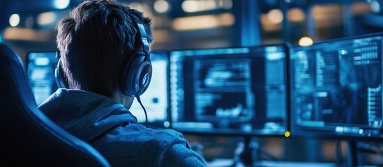 Back view of a man wearing headphones and looking at a computer screen.
