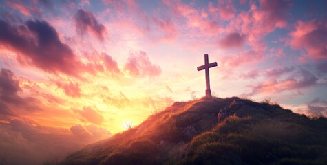 Cross on a hilltop against a stunning sky, embodying an Easter theme. 