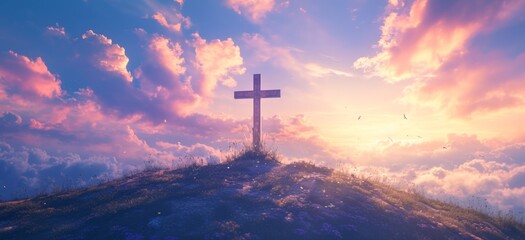 Cross on a hilltop against a stunning sky, embodying an Easter theme. 