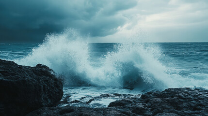 Wall Mural - dramatic scene of waves crashing violently against rocky shores, showcasing power of nature. turbule