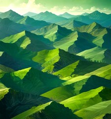 Poster - a vast, mountainous landscape with rolling hills and valleys covered in lush, verdant green vegetation The sky above is a clear blue, dotted with fluffy white clouds The