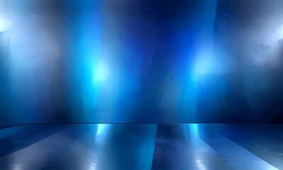 a dark, empty room with a glossy floor and a wall adorned with blue and white stripes The room is illuminated by a single light source, casting a blue