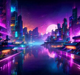Aufkleber - a futuristic cityscape at night, with towering skyscrapers and buildings illuminated by a myriad of colorful lights The city is reflected in a body of water, creating