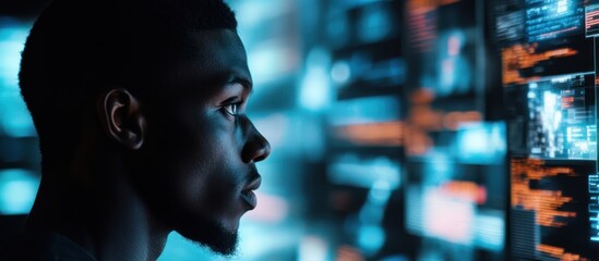 Silhouette of a young man gazing intently at a screen with a blurred background of data and information.