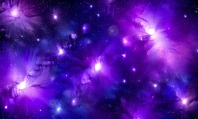Poster - a digital illustration cosmic scene, featuring a vibrant purple and blue color palette with numerous stars and celestial bodies