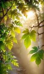 Aufkleber - a serene forest scene with sunlight filtering through the lush green leaves of trees, creating a warm and tranquil atmosphere