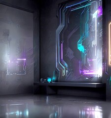 Fototapete - a futuristic room with a large, abstract, and colorful display on the wall, featuring a mix of purple, blue, and green hues The room has a sleek, black floor and a small