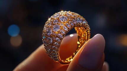 A close-up of a sparkling gold ring adorned with diamonds, showcasing luxury and elegance.