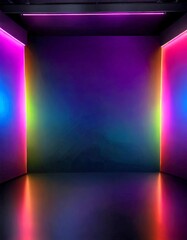 Poster - A dimly lit room with a vibrant gradient wall, featuring three vertical stripes of different colors: pink, blue, and green