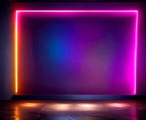 Poster - A vibrant neon strip frames a dark wall, casting a warm glow on the wooden floor below