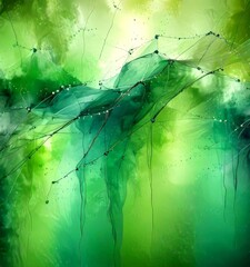 Leinwandbilder - a digital artwork featuring a vibrant abstract composition of green and blue hues, with water droplets suspended in the air and a network of thin lines and branches