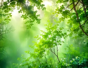 Poster - a lush, verdant forest scene with sunlight filtering through the dense foliage, creating a serene and tranquil atmosphere