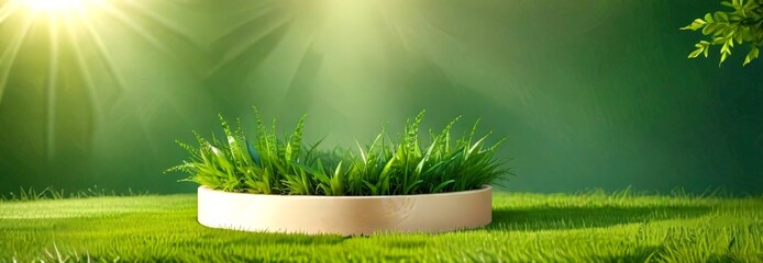 Poster - A circular white planter filled with lush green grass sits on a grassy field, with sunlight filtering through the leaves tree in the background