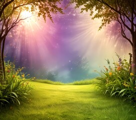 Poster - A serene garden scene with a grassy lawn, trees, and flowers bathed in a soft, ethereal light
