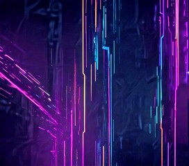 Poster - a dark background with a series of vertical lines in various colors, including pink, blue, green, and orange, creating a dynamic and abstract visual effect