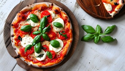 Savory wood-fired pizza adorned with fresh basil, creamy mozzarella, and rich tomato sauce on a rustic wooden board