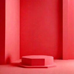 Leinwandbilder - A pink octagonal podium stands in the center minimalist, geometric room with vertical columns on either side