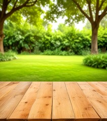 Poster - A wooden table sits in the foreground, with a lush, verdant lawn and trees in the background