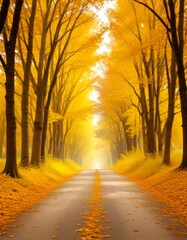 Poster - A tranquil autumn scene unfolds on a winding road, flanked by trees adorned with vibrant yellow leaves The road, bathed in the soft glow light mist, stretches out into