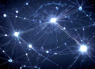 Poster - a complex network of interconnected nodes and lines, resembling a digital or technological system The nodes are scattered across the frame, connected by lines that extend