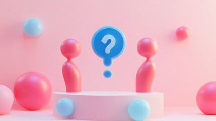 Two 3D figures stand on a platform with a question mark above them, surrounded by pink and blue orbs.