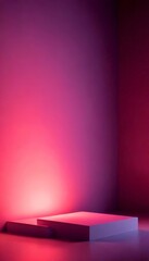 Poster - A minimalist, three-dimensional platform with a square base and a curved top, illuminated by a gradient of pink and purple lights, set against a solid purple wall