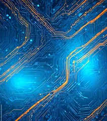 Leinwandbilder - a complex, abstract digital circuit board with intricate lines and patterns in shades of blue and orange