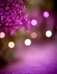 Fototapete - A close-up view branch with purple flowers, with blurred lights in the background creating a bokeh effect