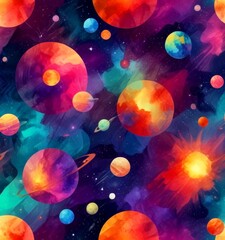 Aufkleber - a vibrant, abstract representation cosmic scene, featuring a variety of planets and celestial bodies in a mix of warm and cool colors