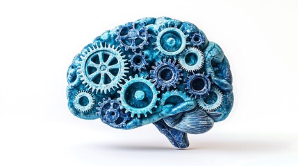 A blue brain composed of gears and cogs rotates in 3D, representing innovation and intelligence.