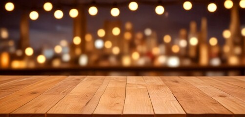 Fototapete - A wooden table in the foreground with a blurred cityscape in the background, featuring a string of lights