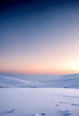 Aufkleber - A serene winter landscape unfolds under a pale blue sky, with a snow-covered field stretching out towards distant hills The sun's gentle glow casts a soft light on the