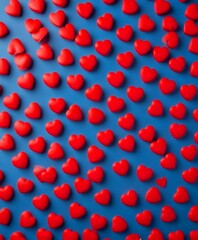 Aufkleber - A grid of red heart-shaped objects is arranged diagonally across a blue background