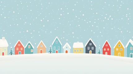 Snow is falling on colorful houses and pine trees in a neighborhood during christmas season. This festive scene is perfect for winter and holiday projects