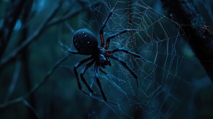 A close-up of a black widow spider weaving its intricate web between branches in a dark forest