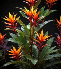 Poster - A close-up view plant with vibrant orange and red flowers, set against a dark background