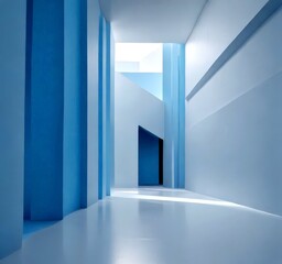 Leinwandbilder - A minimalist architectural design with a long, narrow corridor featuring white walls, blue columns, and a skylight, creating a sense of spaciousness and light