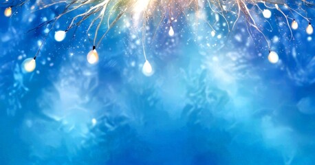Aufkleber - A digital illustration serene winter scene, featuring a blue sky with white snowflakes and twinkling lights suspended from tree branches