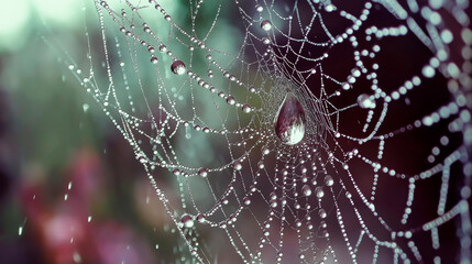 Delicate spiderweb adorned with morning dew, intricate masterpiece, gossamer beauty, nature's tapestry, macro photography, dewdrop reflections, spiderweb close-up