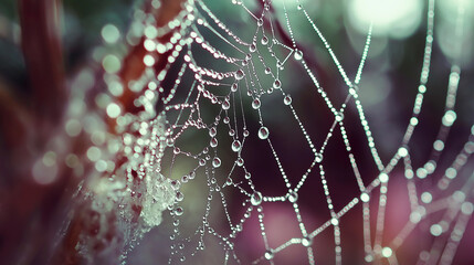 Delicate spiderweb adorned with morning dew, intricate masterpiece, gossamer beauty, nature's tapestry, macro photography, dewdrop reflections, spiderweb close-up