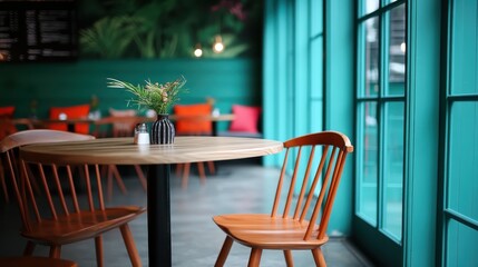 Charming indoor café scene featuring green painted walls, wooden tables, and orange chairs, creating a cozy and inviting space for relaxation and conversation.