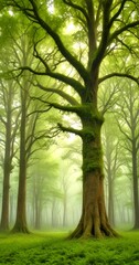 Poster - A majestic, moss-covered tree stands tall in a serene, foggy forest, its gnarled branches reaching out into the misty air