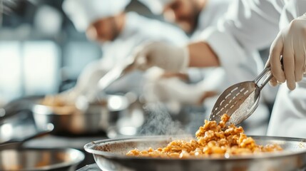 Multiple chefs are in action within a bustling restaurant kitchen, working at various stages of meal preparation and showcasing teamwork and high culinary standards.